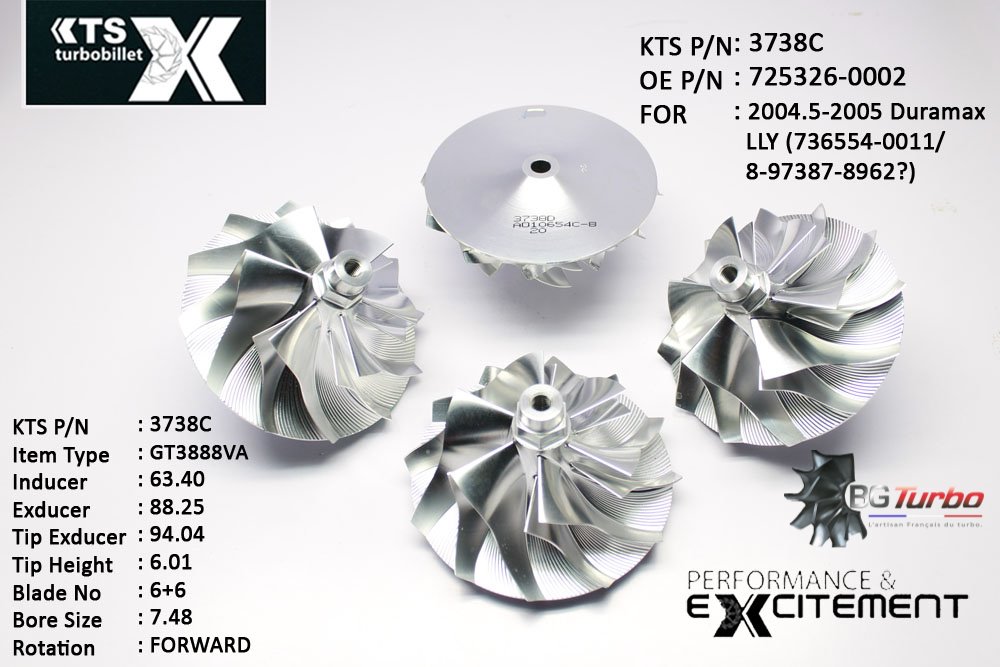 Turbo ROUE FORGÉE MFS PERFORMANCE - 6+6 PALES - INDUCER : 63,4 - EXDUCER : 88,25 - TYPE : GT3788VAANGLE : 45° - ROTATION : Forward - SUPER BACK : 5,3 - BORE SIZE : 7,48
